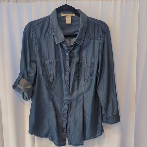 American Rag Indigo Denim Button Down Shirt Size L 3/4 or Roll-up Short Sleeve - Picture 1 of 8